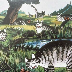 vintage kliban cat print garden butterflies tabby cats whimsical 90s